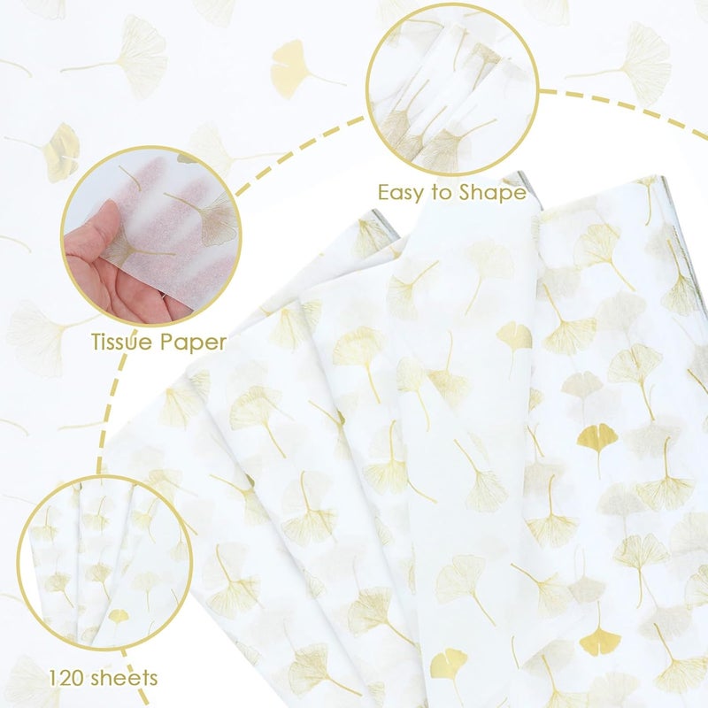 Ethanberg 120 Sheets Gift Wrapping Tissue Paper Bulk, Metallic Gold Ginkgo Leaves Tissue Paper for Gift Bags, Decorative Art Papers for DIY Crafts Wedding Birthday Holiday Party Decor, 20x14 Inches - Image 3